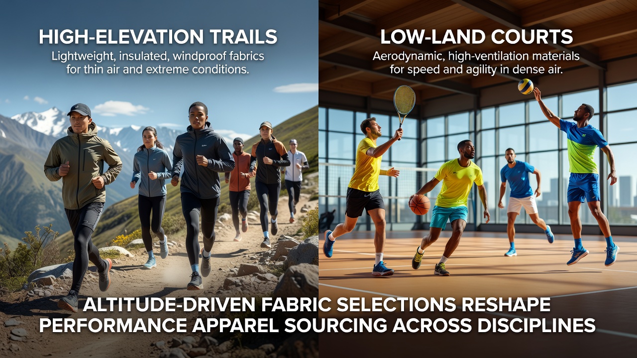 Athletes testing layered performance fabrics on mountain trails and transitioning to lowland courts