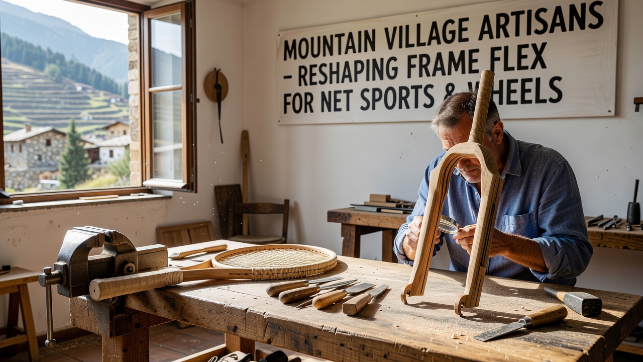 Artisans in a mountain village workshop shaping wooden frame components using traditional bending techniques for sports equipment