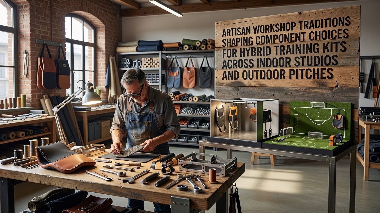 Artisan craftsman selecting leather and fabric components for hybrid training kits in a traditional workshop setting