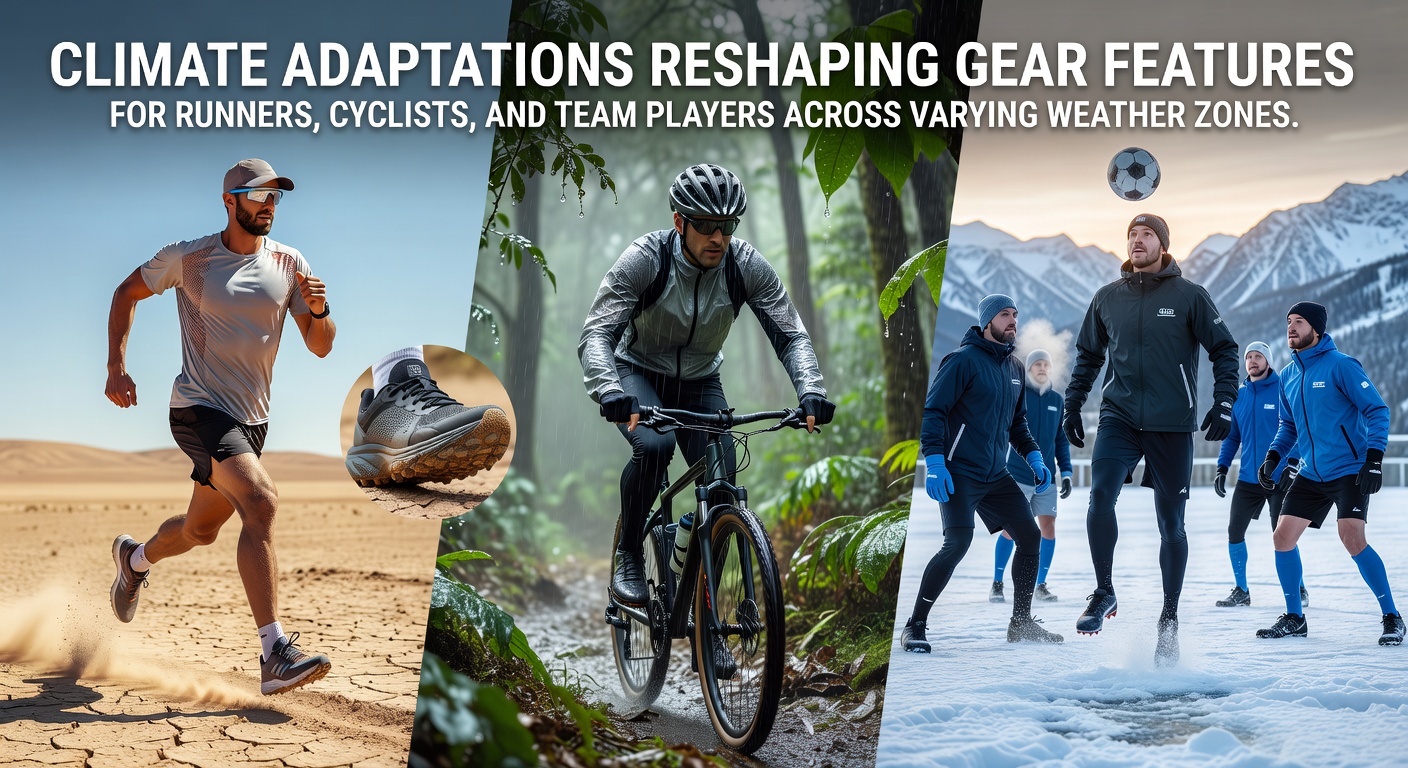 Runners, cyclists and team athletes using weather-adapted gear in changing climate conditions across different zones