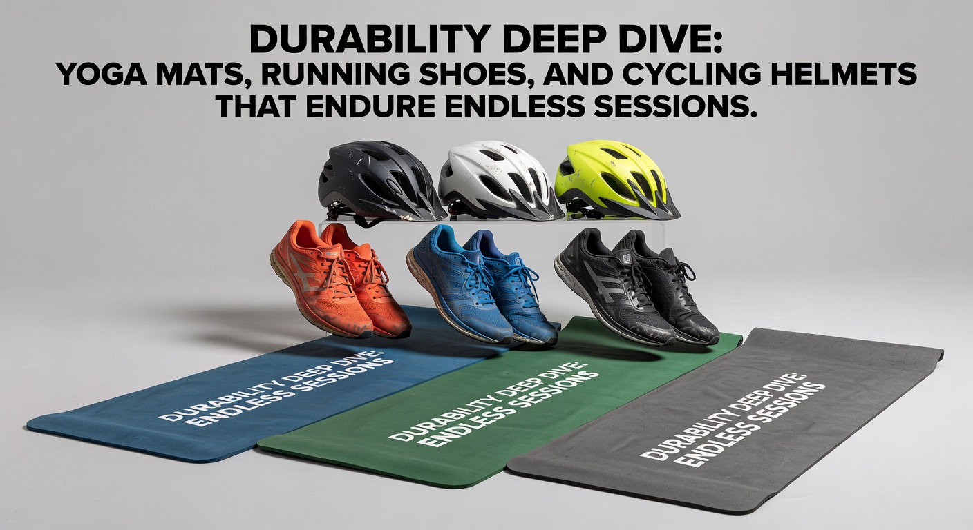 Close-up of a yoga mat showing wear patterns after extensive use, with running shoes and a cycling helmet in the background during a durability test