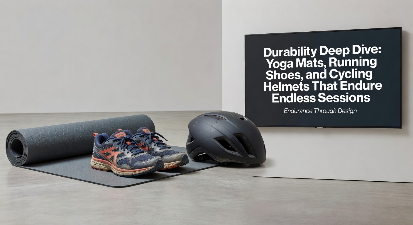 Running shoes on a high-mileage testing machine next to a cycling helmet undergoing repeated impact simulations and a yoga mat flexed under weight