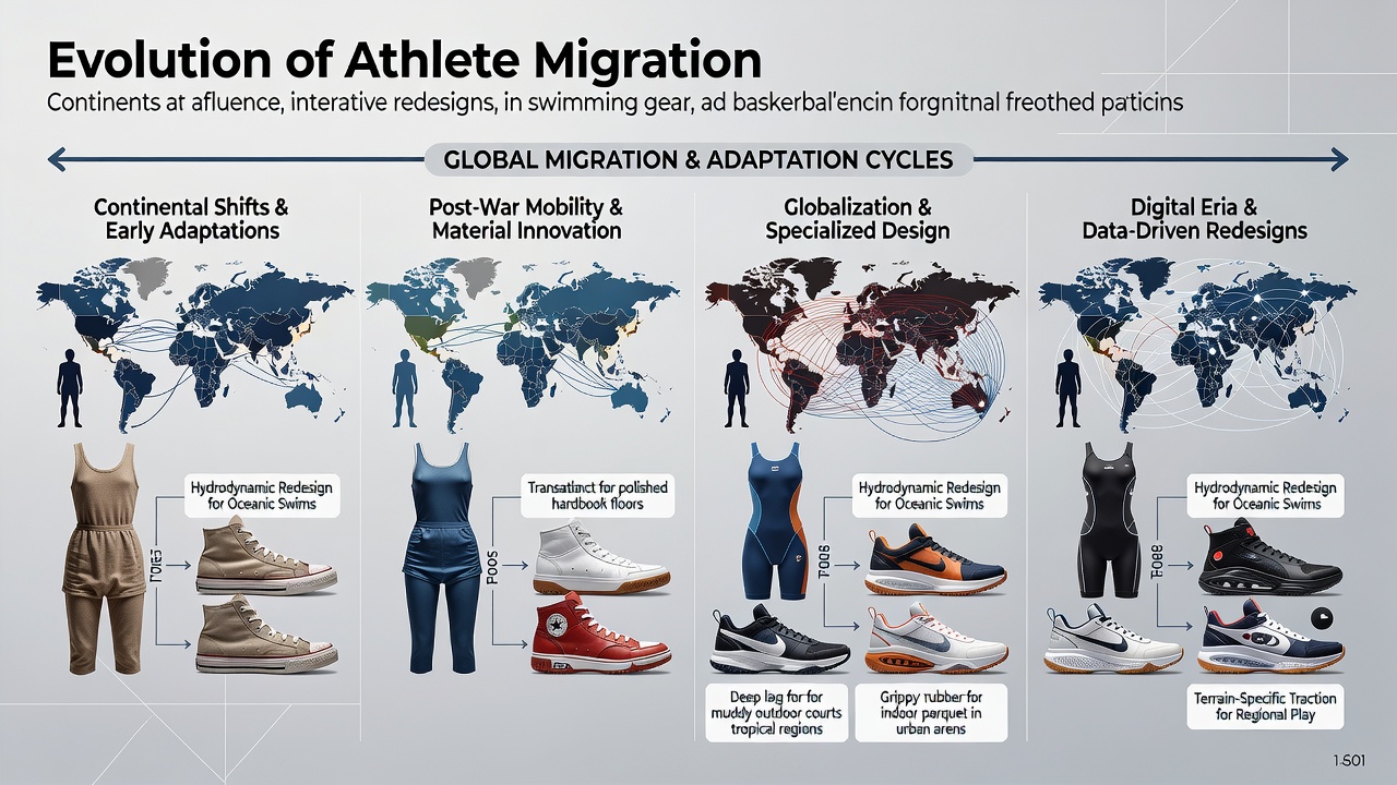 Athletes training in diverse continental environments showing early swimming cap prototypes and basketball shoe sole adaptations