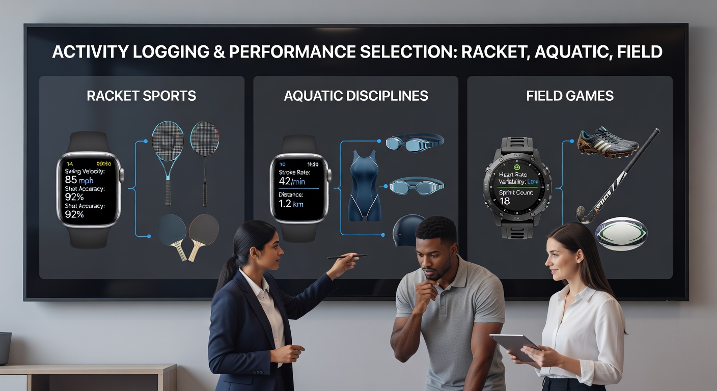 Activity logging devices and performance gear displayed side by side for racket sports, swimming, and field games analysis