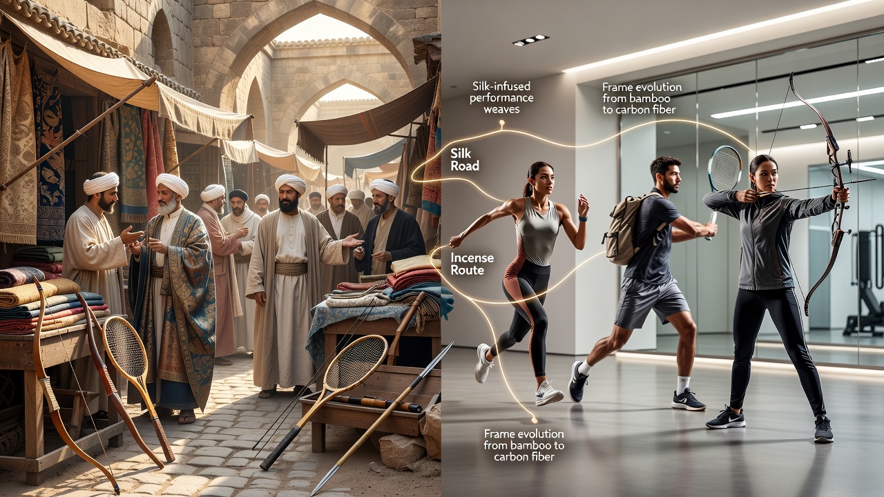 Historical trade routes map overlaid with modern athletic fabric samples and frame prototypes