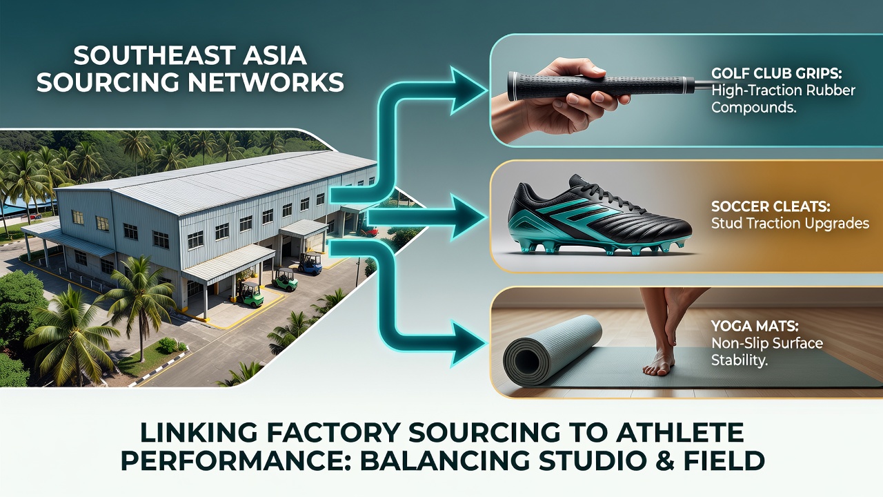 Factory workers in a Southeast Asian facility handling rubber compounds for sports equipment components
