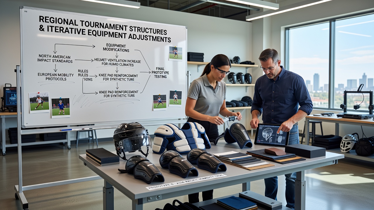 Athletes adjusting multi-sport protective equipment between events at a regional amateur tournament