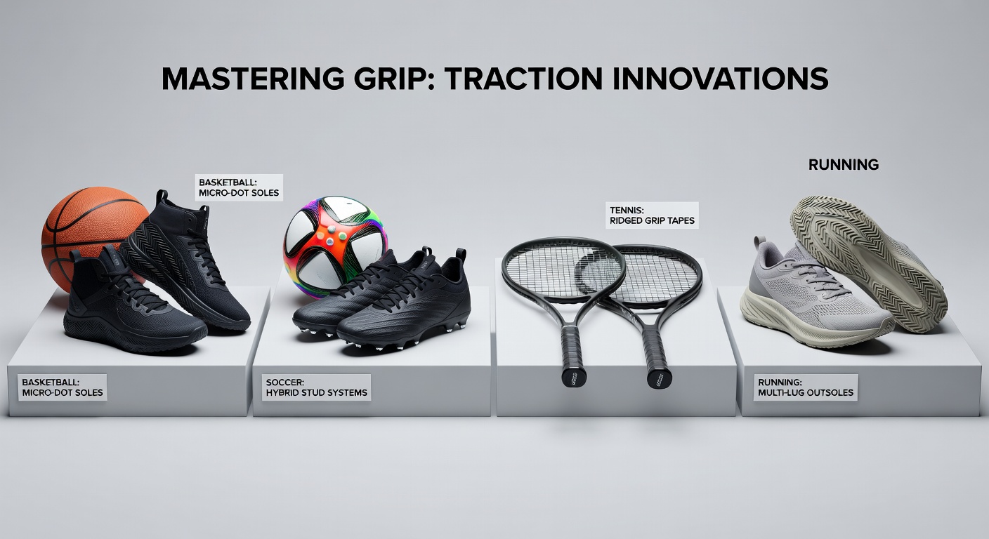 Tennis player mid-serve with racket strings glistening, showcasing textured grip tape and sole patterns on court shoes
