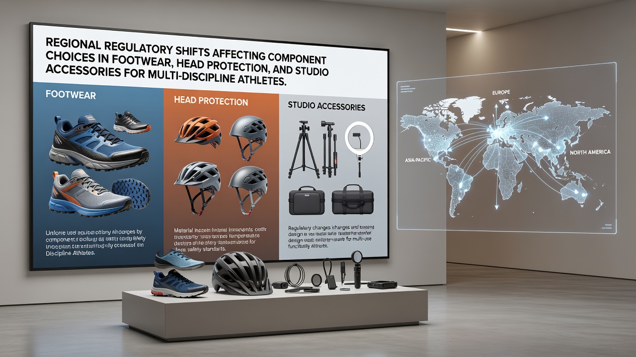 Athletes reviewing regulatory-compliant footwear and head protection gear in a training facility