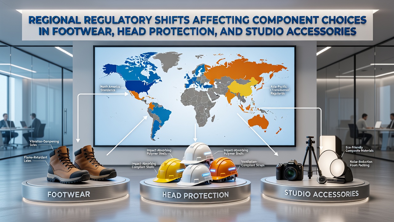 Studio accessories including mats and grips displayed with certification labels for regional compliance