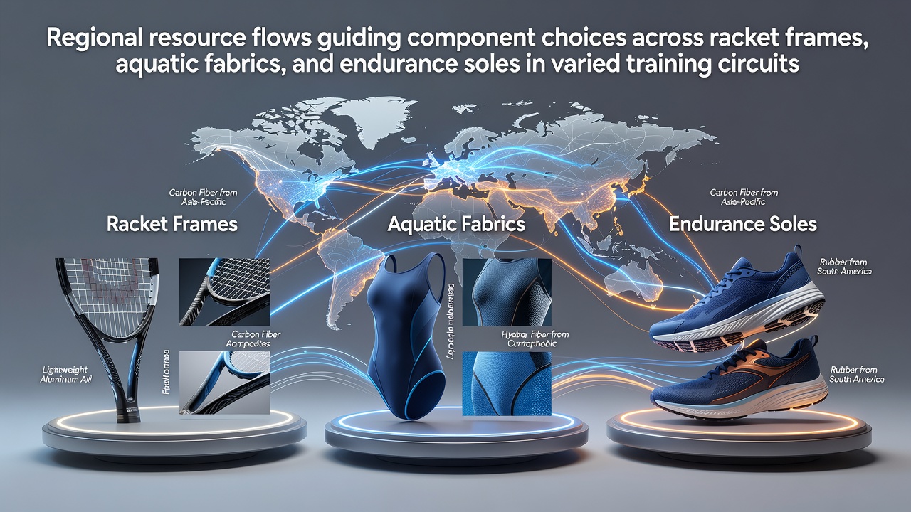 Map showing global supply chains for racket materials, aquatic textiles, and shoe components flowing into training facilities