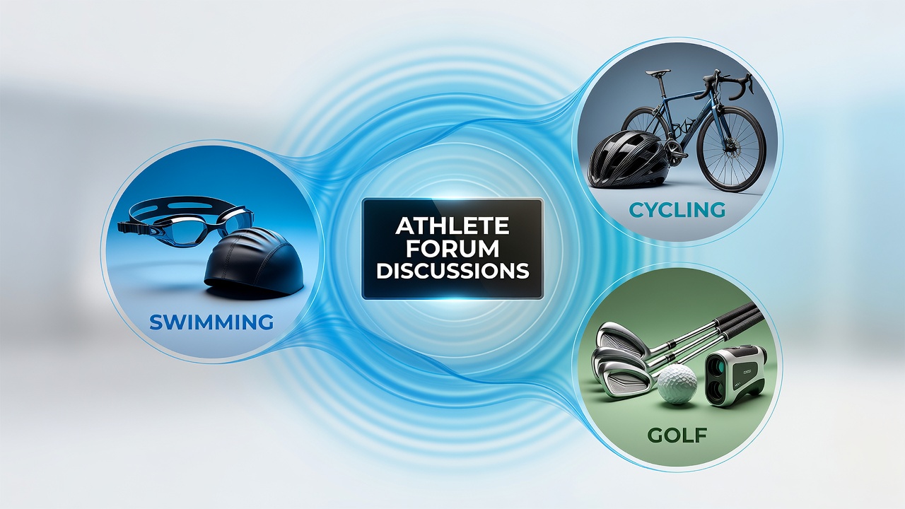 Cyclists and golfers reviewing forum data on equipment performance metrics