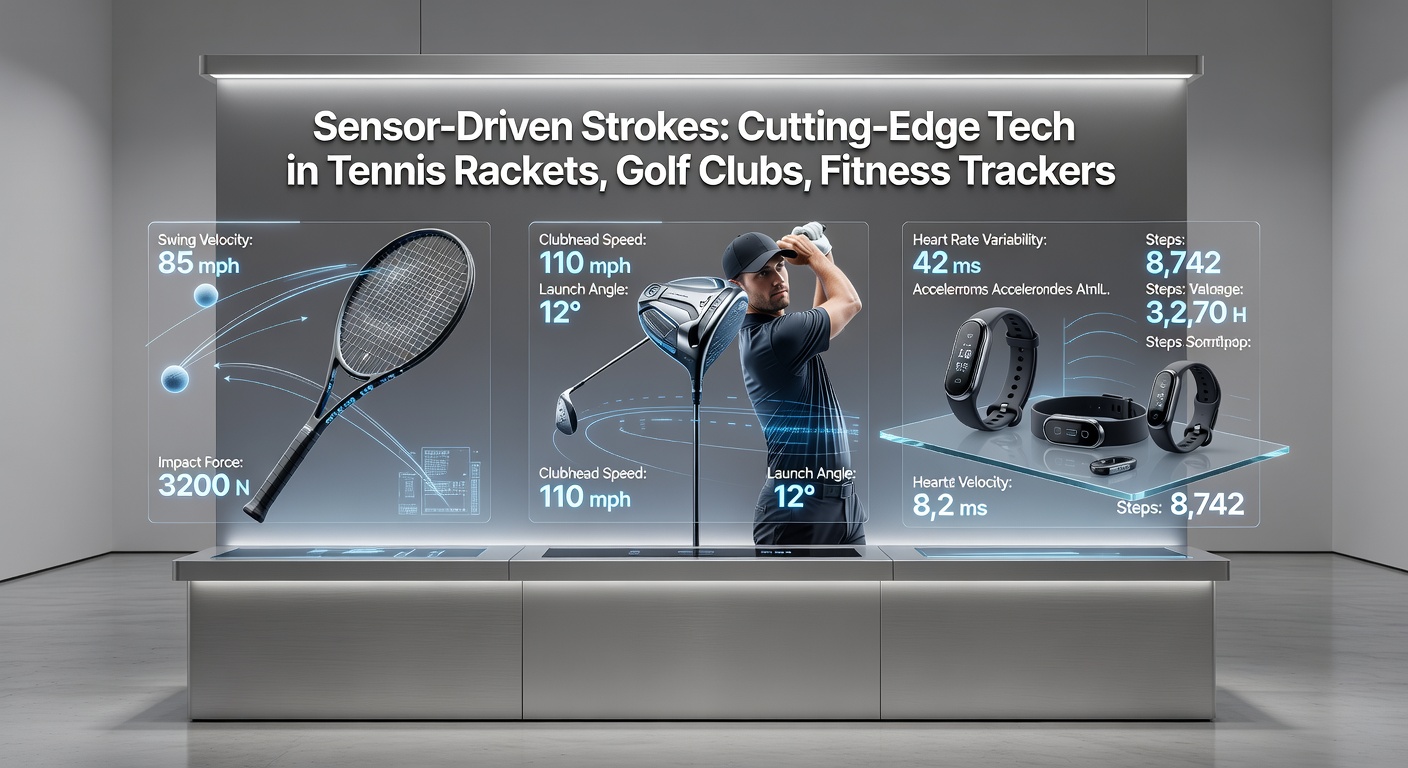 Golf club head with integrated sensors during a drive, displaying overlaid digital metrics for swing path and ball speed on a companion app interface