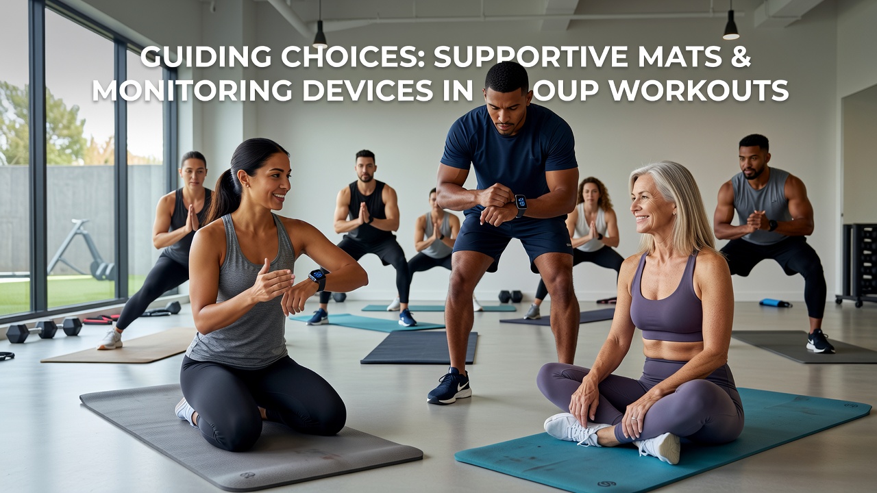 Participants in a group fitness class discussing supportive mat options and monitoring device features during a studio session