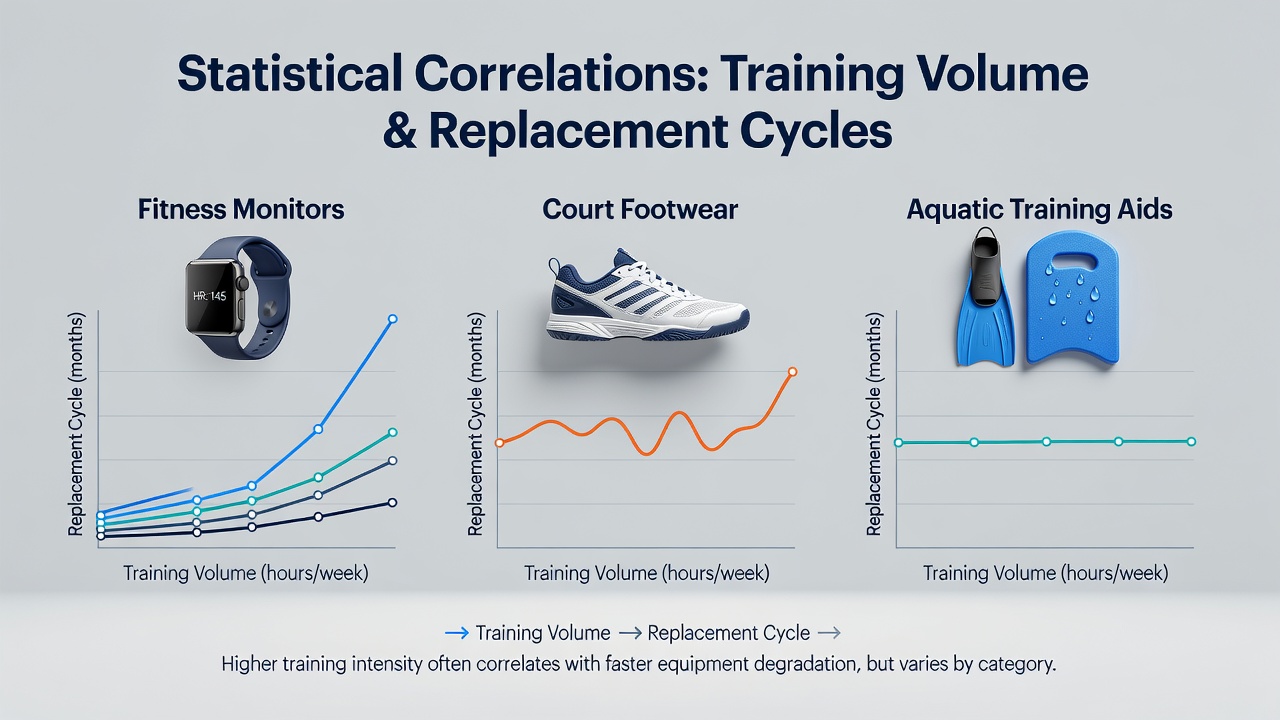 Data visualization showing training volume metrics alongside equipment replacement timelines for fitness devices and sports gear