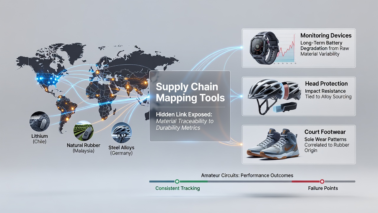 Supply chain mapping visualization showing raw material flows into sports monitoring devices, helmets, and court shoes