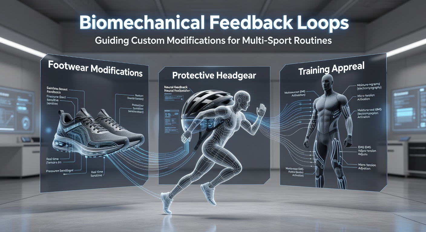 Athlete testing custom footwear with sensor data overlays showing pressure distribution during multi-sport transitions