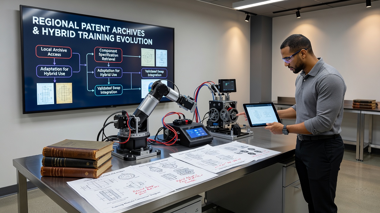 Technicians reviewing regional patent documents while assembling modular training equipment for court, track, and pool use