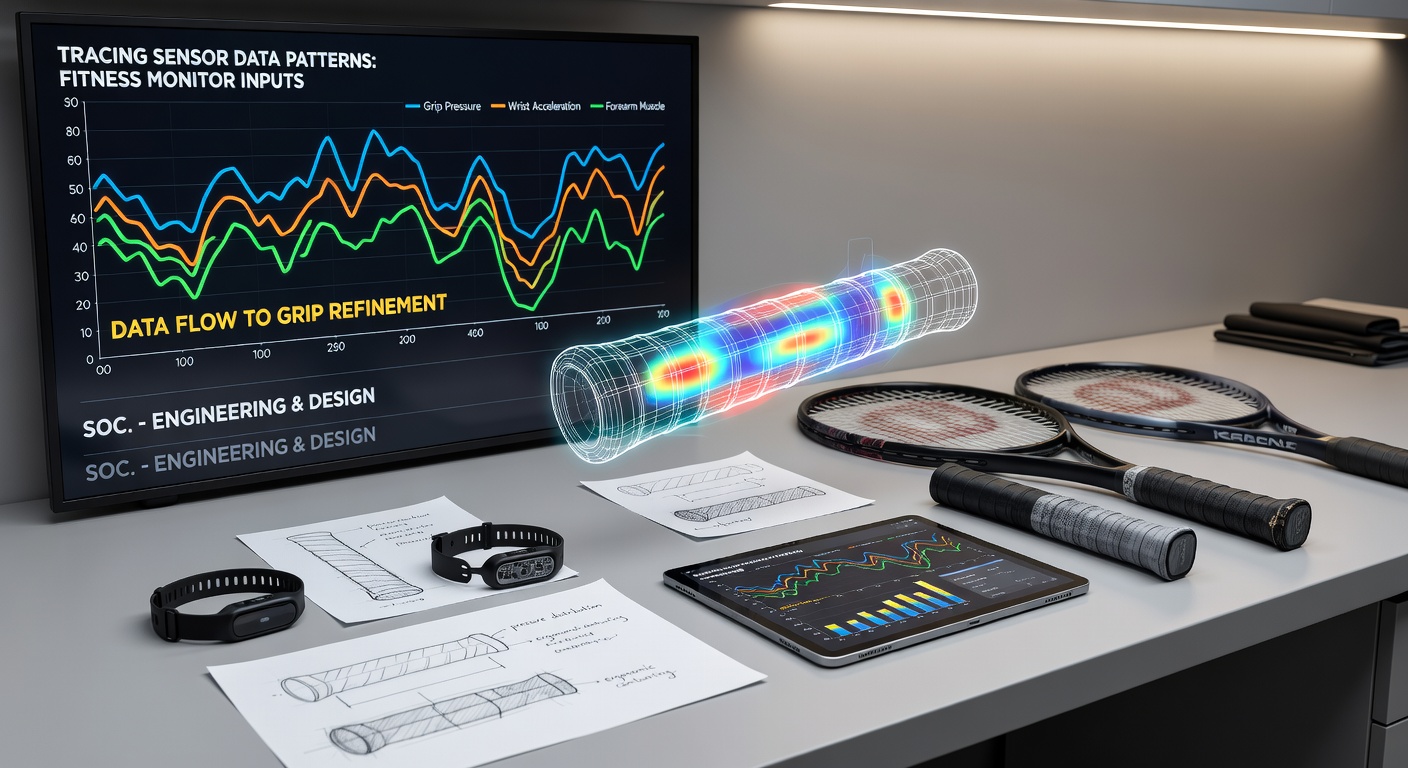 Detailed view of sensor data overlays on cycling handlebars and soccer cleats during performance testing