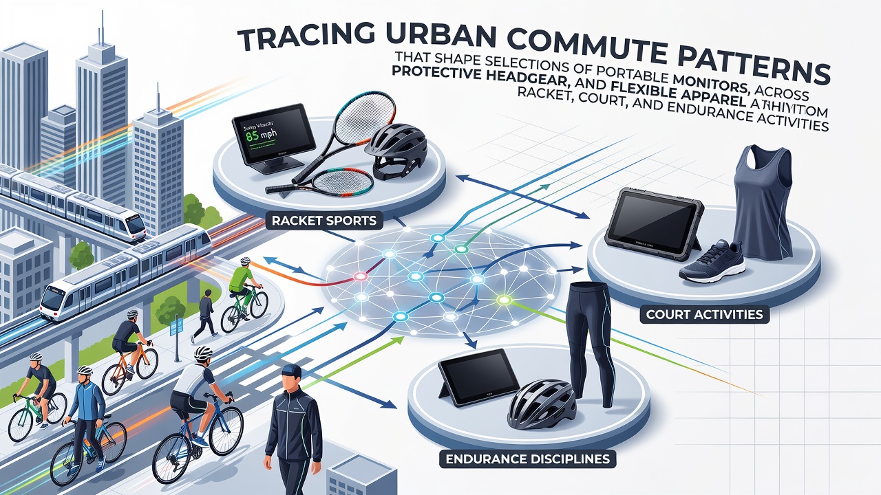 Urban commuters carrying portable monitors and flexible apparel while heading to racket and court sports facilities