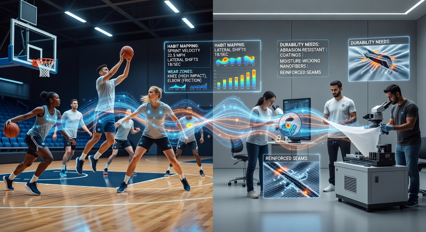 Athletes in a basketball court and yoga studio wearing fitness trackers that collect movement data for apparel durability analysis