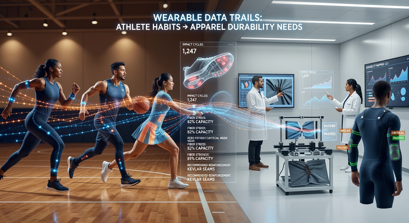 Close-up of wearable sensor data overlay on athletic apparel showing durability metrics for court and studio use
