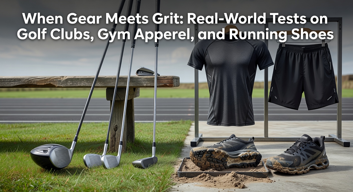Athletes testing golf clubs, gym apparel, and running shoes in rugged outdoor and gym environments, showcasing durability and performance under real stress